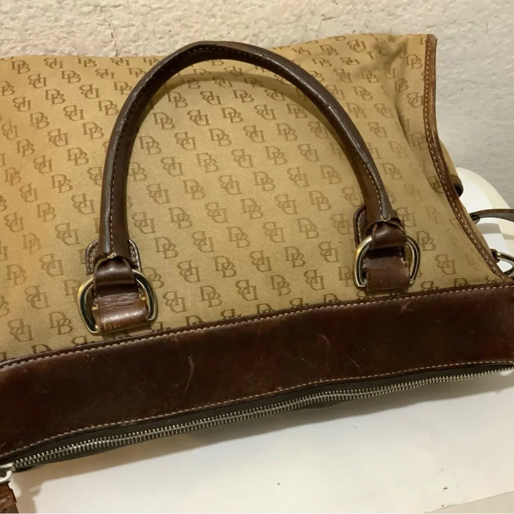 Dooney Bourke Monogram Signature Brown Textile Satchel Shoulder Bag  13x10x4